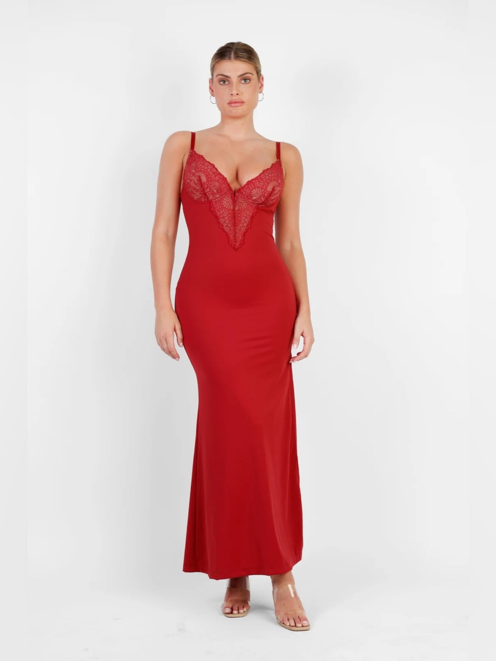 Popilush Shapewear Lace V-Neck Side Slit/Split Maxi Slip Dress